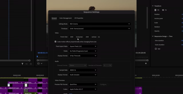 Premiere Pro sequence settings, showing the dimensions set to 3000px horizontal and 2000px vertical for a 3x2 aspect ratio.