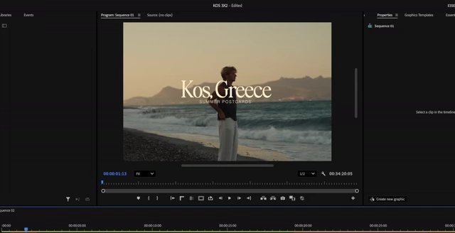 The main title slide of the video carousel, featuring "Kos, Greece" with a bold font and "Summer Postcards" as a lighter subheader.