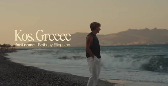 Close-up of the "Kos, Greece" title slide, highlighting the chosen font, Bethany Elington, for the main header.