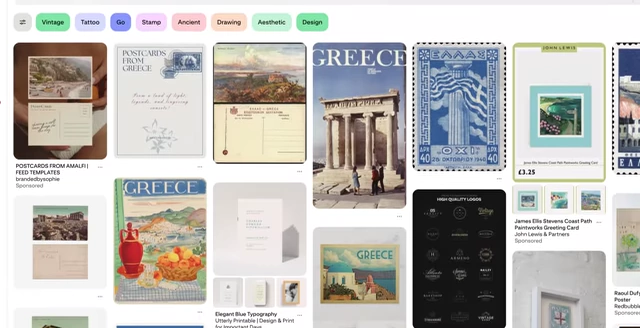 Pinterest search results for "Greek postcard," serving as inspiration for creating custom graphics for carousels.