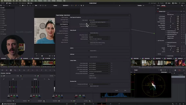DaVinci Resolve project settings showing the output color space