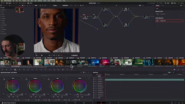 DaVinci Resolve showing a face and the HDR global exposure wheel being used for adjustment