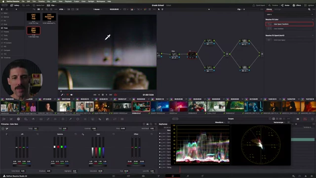 A zoomed-in view of cabinets in DaVinci Resolve, showing noise introduced by aggressive gamma saturation adjustments