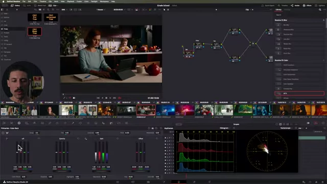 DaVinci Resolve displaying color wheels and waveform scope, showing linear gain in the balance node.