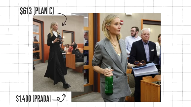 A collage showing Gwyneth Paltrow's courtroom outfits with price tags indicating the high cost of her seemingly basic clothing items.