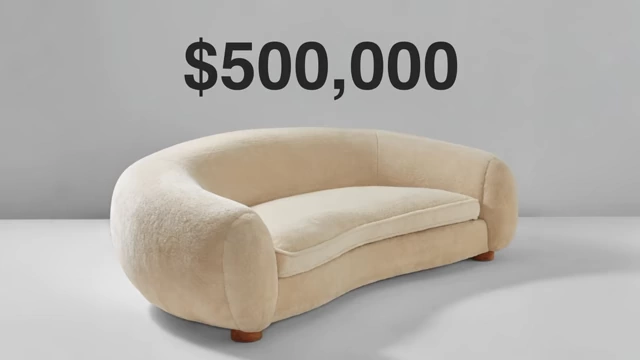 A visual comparison showing a $500,000 sofa next to a similar-looking $1,279 sofa, highlighting the hidden cost of elite minimalism.