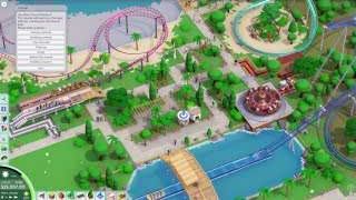 Parkitect的游戏画面，展示了可爱的卡通风格公园，包含各种游乐设施和道路
