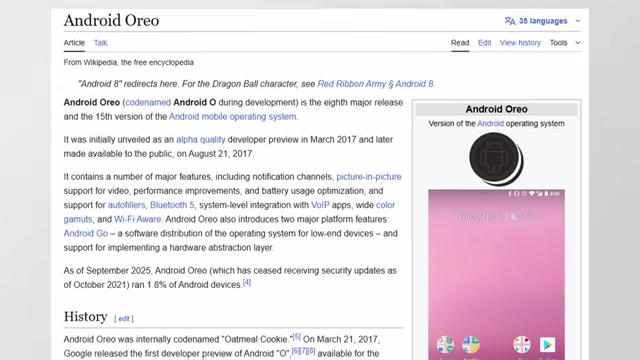 Android Oreo（Android 8/8.1）的维基百科页面