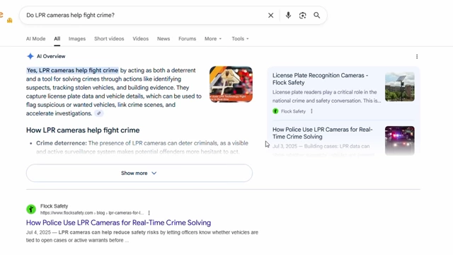 Google AI对LPR摄像头犯罪打击效果的概述，引用Flock Safety的宣传