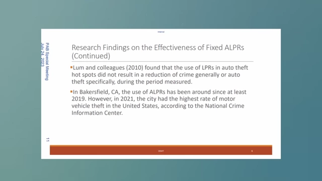报告指出ALPRs安装后，贝克斯菲尔德的机动车盗窃率升至美国最高