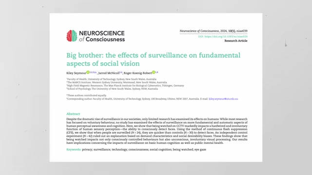 《意识神经科学》研究，指出监控对社会视觉基本方面的影响