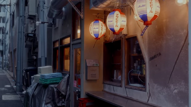 A quiet alleyway in Japan at night, illuminated by lanterns, contrasting with busy tourist areas.