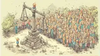 Image of a person standing on one side of a scale while a crowd stands on the other, symbolizing the sacrifice of individual efficiency for collective inclusion.