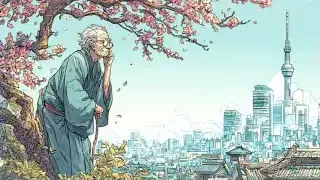 Image of a man with white hair wearing traditional Japanese attire, overlooking a modern city skyline, symbolizing Japan's long-term vision in an aging society.