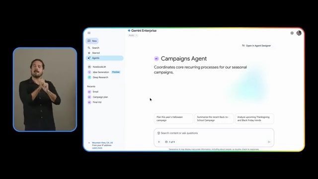 The Gemini Enterprise chat interface, featuring the "Campaigns Agent" for coordinating seasonal marketing campaigns.