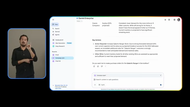 Gemini Enterprise flagging a critical inventory gap for a product line and offering to create purchase orders.