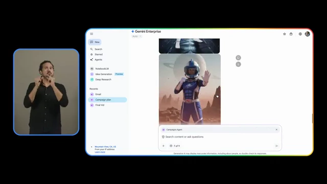 Gemini Enterprise generating social media images for a campaign, editing stock photos with AI.