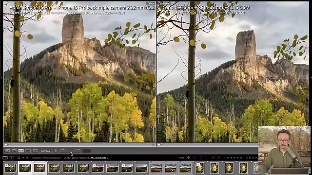 A zoomed-in comparison of the iPhone 16 Pro (left) and Canon R5 (right) focusing on the center of an ultra-wide landscape image.