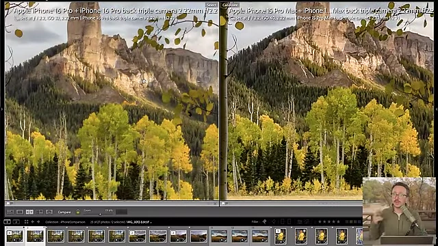 A zoomed-in comparison of the iPhone 16 Pro (left) and iPhone 15 Pro (right) for the ultra-wide landscape shot, zoomed into the center, showing the 16 Pro's improved detail.