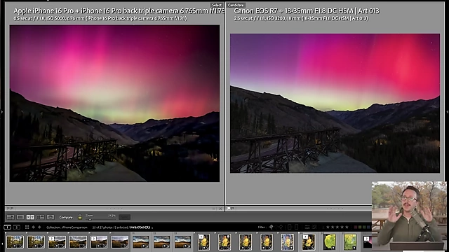 A side-by-side comparison of an Aurora Borealis photo taken with the iPhone 16 Pro (left) and a Canon R5 (right), showing the iPhone's ability to capture vibrant colors but the R5's superior detail.