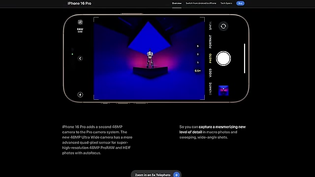 iPhone 16 Pro marketing showcasing the new 48MP Ultra-Wide camera, stating it adds a second 48MP camera to the Pro camera system for super-high-resolution ProRAW and HEIF photos with autofocus.