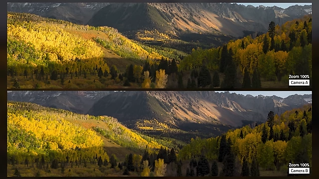 Zoomed-in comparison of the iPhone 16 Pro (bottom) and Canon R5 (top) during sunset, showing similar detail in well-lit areas.