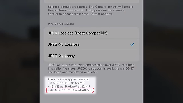 iPhone ProRAW format settings, detailing the approximate file sizes for different compression options: 5MB for HEIF, 18MB for ProRAW at 12MP, and 46MB for ProRAW at 48MP.