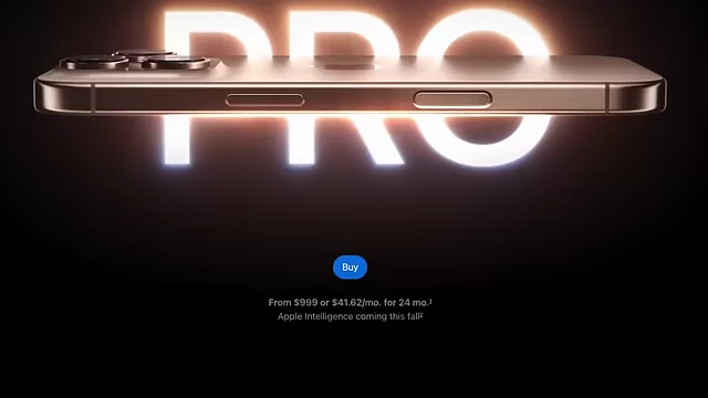 A promotional image for the iPhone 16 Pro, displaying text that says "Apple Intelligence coming this fall," indicating that some features are not yet released.