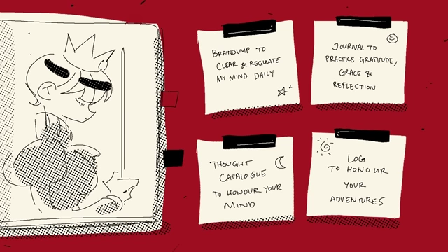 An infographic summarizing the benefits of four writing types: Brain Dump for clarity, Journal for gratitude and reflection, Thought Catalog to honor your mind, and Log to honor your adventures.