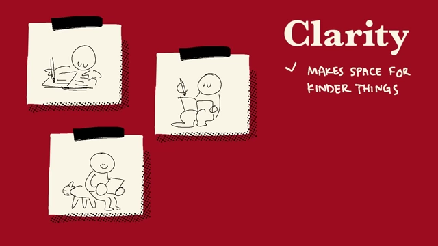 An infographic illustrating 'Clarity' through activities like writing, journaling, and interacting with a pet, emphasizing that it makes space for kinder thoughts.