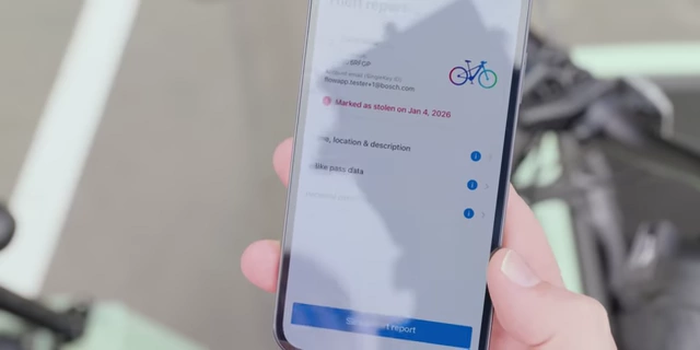 The Bosch eBike Flow app displaying a prominent warning indicating that the bike has been marked as stolen within the system.