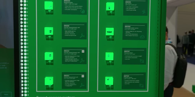 A display board detailing various types of Bosch sensors, including IMUs and environmental sensors.