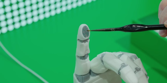 A fine brush gently touching the robot fingertip, activating the pressure sensors.