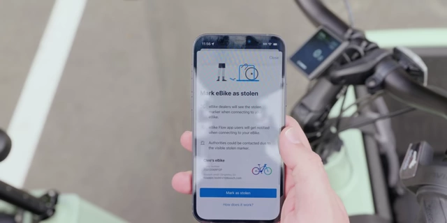 The Bosch eBike Flow app's 'Mark as Stolen' feature, outlining its functionality.