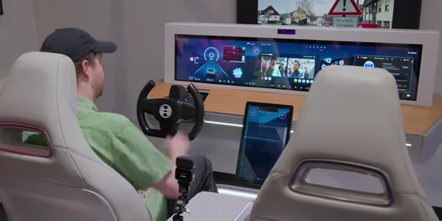 The Bosch Smart Cockpit displaying a Microsoft Teams call interface, demonstrating in-car communication.