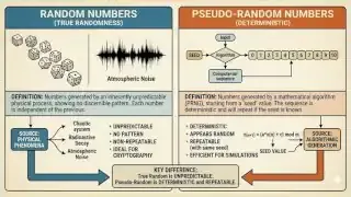 This chart differentiates random numbers (generated by physical phenomena) from pseudo-random numbers (generated by deterministic algorithms but appearing random).