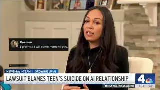 News headline: LAWSUIT BLAMES TEEN'S SUICIDE ON AI RELATIONSHIP, showing a chat with a Daenerys AI.