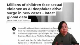 A news headline about millions of children facing sexual violence as AI deepfakes drive a surge in new cases.