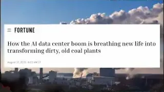 An image of a power plant with smoke stacks and a headline about AI data centers transforming dirty coal plants.