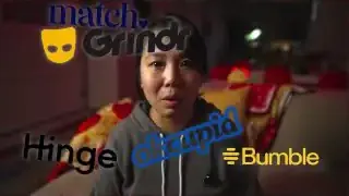 Various dating app logos (Match, Grindr, Hinge, OkCupid, Bumble) surrounding the speaker.