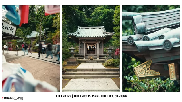 A triptych showing a wide shot of a temple, a focused shot of the temple's structure, and a close-up of its intricate roof details, illustrating the "shoot in threes" concept.
