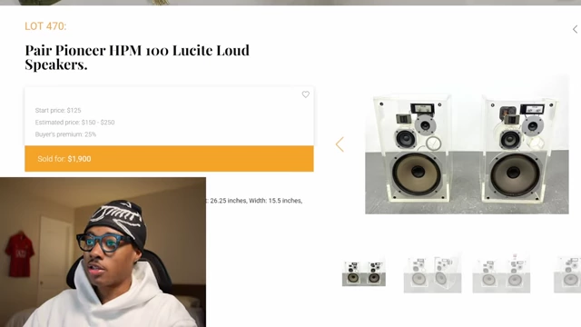 A webpage displaying "Pair Pioneer HPM 100 Lucite Loud Speakers" with a sold price of $1,900, showing two clear, acrylic-encased speakers