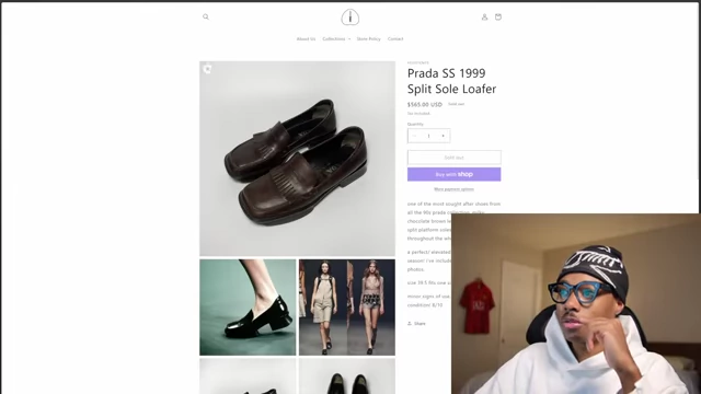 A pair of brown Prada SS 1999 Split Sole Loafers displayed alongside images of models wearing them