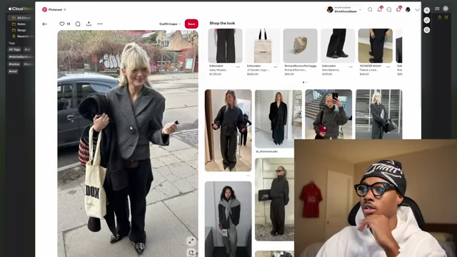 A Pinterest board showing an outfit with an oversized grey twill blazer, used as a visual reference for thrifting