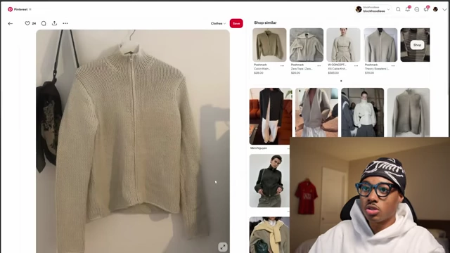 A cream-colored knit zip-up cardigan on a hanger, shown as a visual example from Pinterest