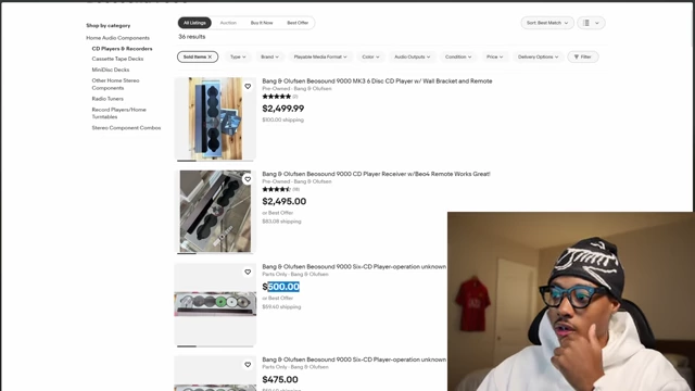 An eBay search results page showing Bang & Olufsen Beosound 9000 CD players listed for sale, with prices ranging from $475 to $2,499