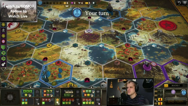 Nordic board state in Round 7, Encounter Village Strategy, with workers and combat cards