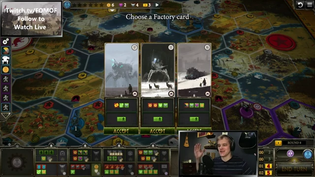 Scythe factory card choices in the Encounter Village Strategy, highlighting a 'jackpot' card