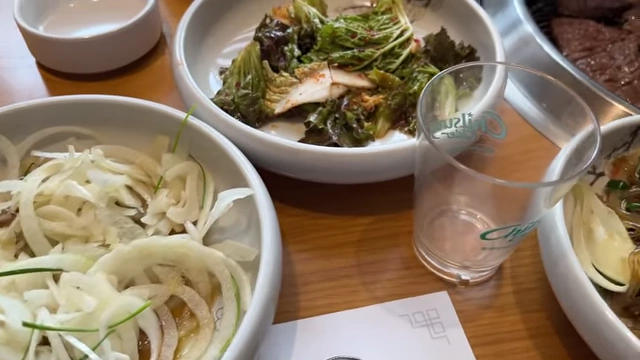 Assorted vegetable side dishes at Korean BBQ