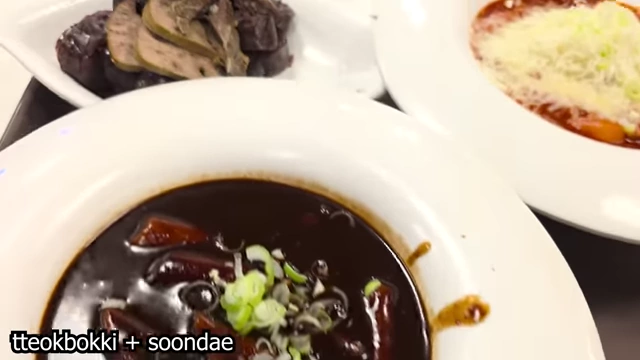 Cheesy tteokbokki, jajang tteokbokki, and Korean blood sausage (sundae)